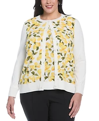 Rafaella Plus Lemon Print Woven Front Long Sleeve Cardigan Sweater