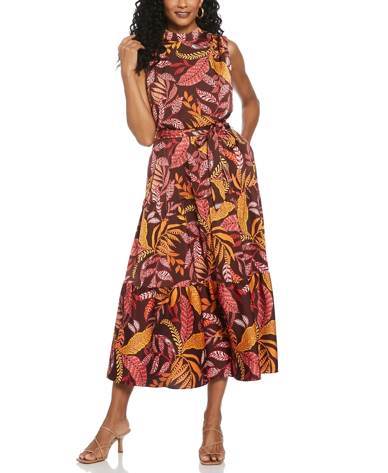 Ella Rafaella Petite Leaf Print Belted Sleeveless Dress