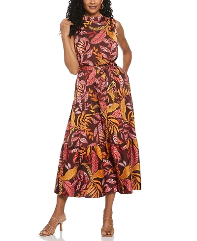 Ella Rafaella Petite Leaf Print Belted Sleeveless Dress