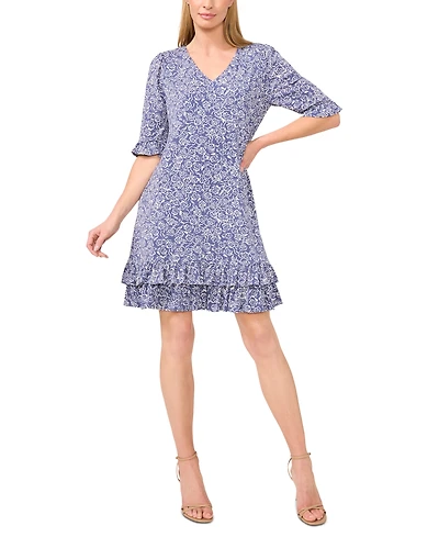 CeCe Women's Printed V-Neck Tiered-Ruffle-Trim Dress