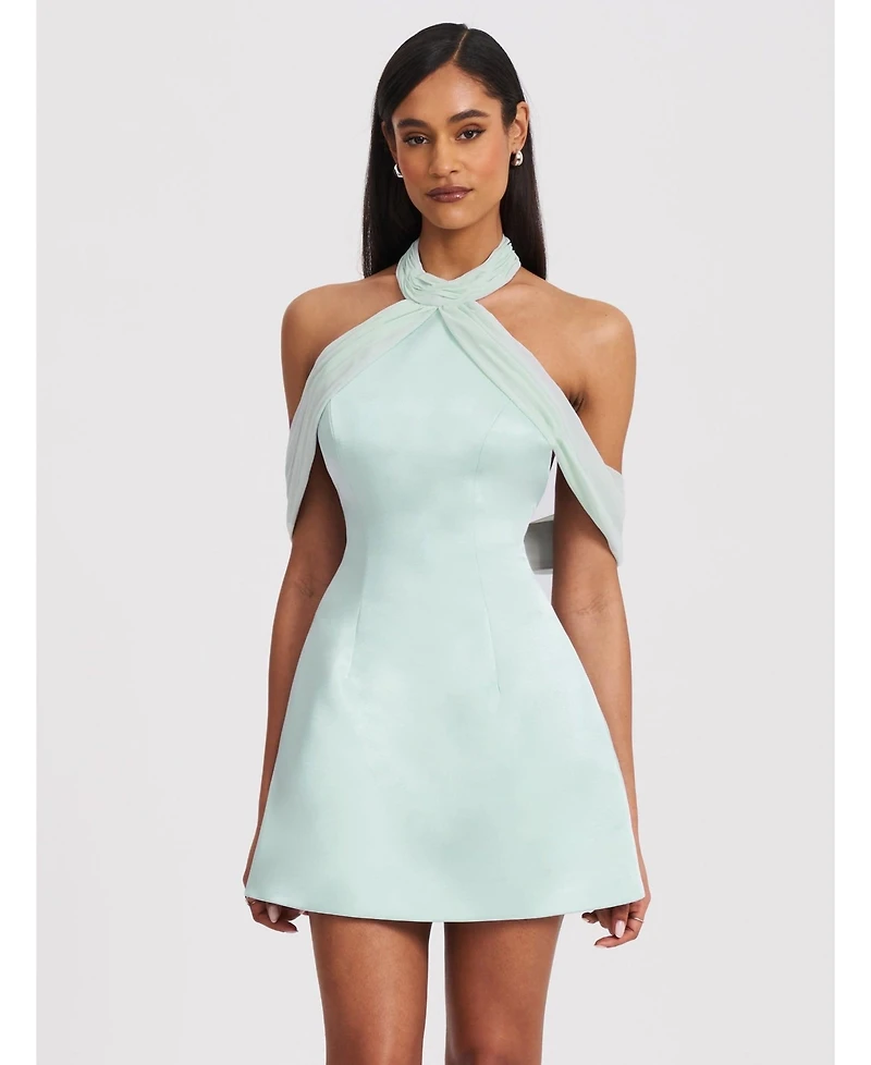 Miss Circle Women's Zafrina Light Cyan Halter Off-shoulder Backless Mini Dress