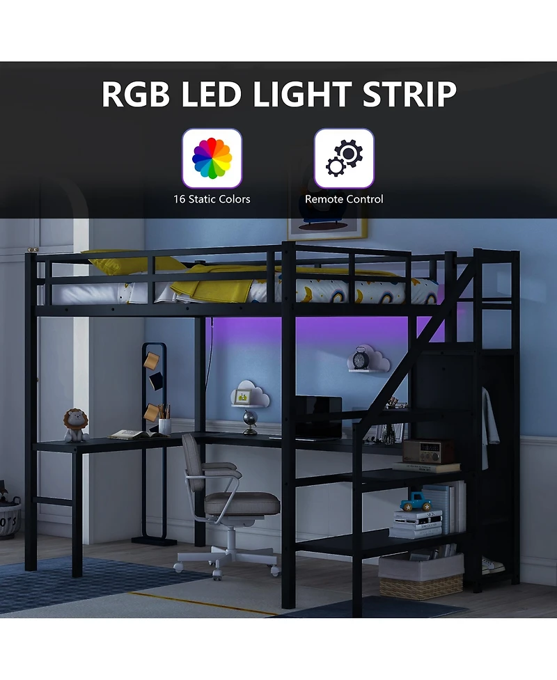 Full Size Loft Bed with L-shaped Desk and Usb, Metal Loft Bed with Wardrobe and Adjustable Shelf, High Loft Bed with Led for Kids Teens Adults