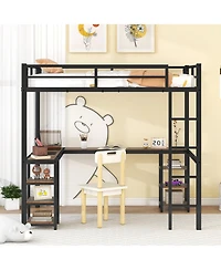 Full Metal Loft Bed with Desk and Shelves, Loft Bed with Ladder and Guardrails, Loft Bed Frame for Bedroom