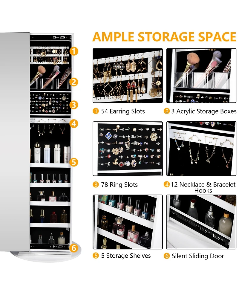 Vlsrka 360° Swivel Free-Standing Jewelry Armoire Cabinet with Mirror