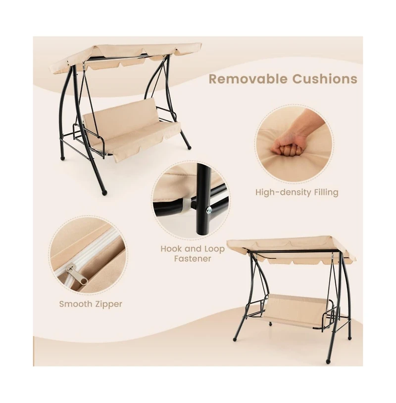 2-Seat Outdoor Convertible Swing Chair with Flat Bed and Adjustable Canopy