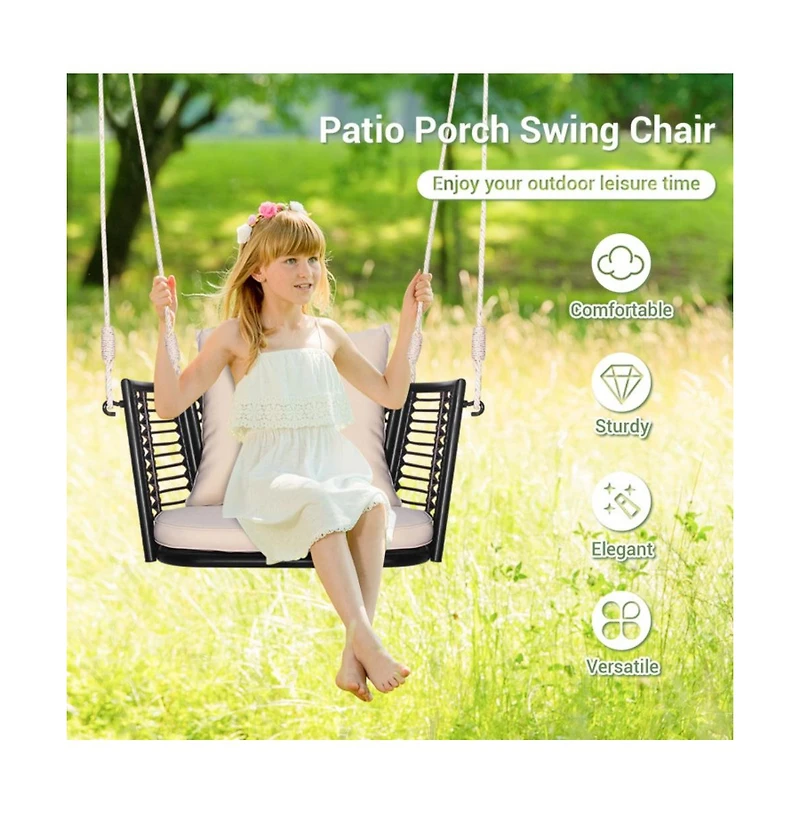 Porch Swing Patio Hanging Rattan Chair with Zippered Cushions and Rope
