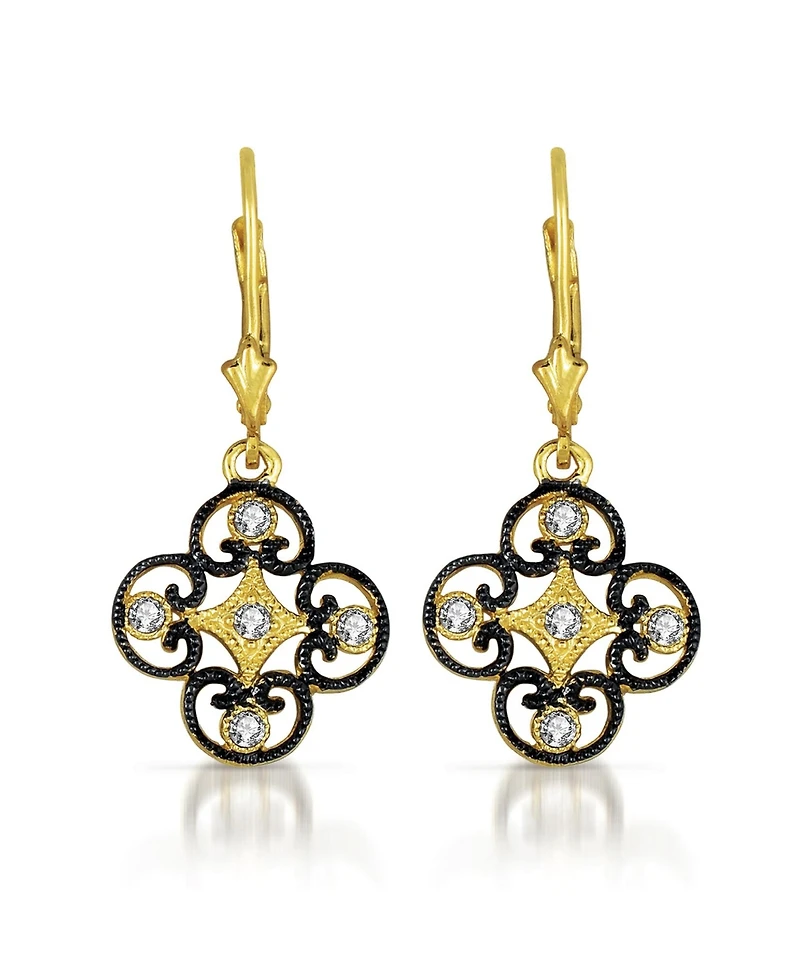 Genevive C.z. Sterling Silver 14K Gold Plated Lace Deco Euro Earrings