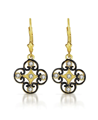 Genevive C.z. Sterling Silver 14K Gold Plated Lace Deco Euro Earrings