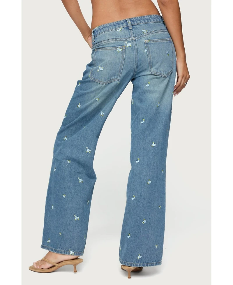 Edikted Women's Edna Floral Embroidered Low Rise Jeans