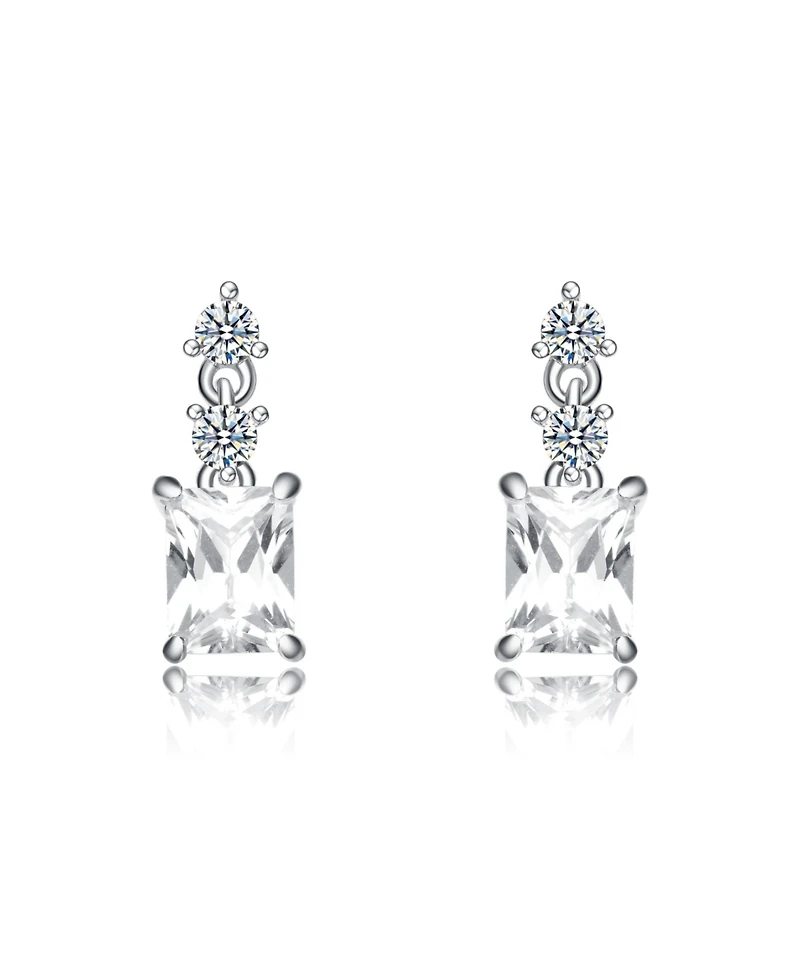 White Gold Plating with Clear Cubic Zirconia Radiant & Round Three-Stone Drop Earrings