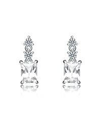 White Gold Plating with Clear Cubic Zirconia Radiant & Round Three-Stone Drop Earrings