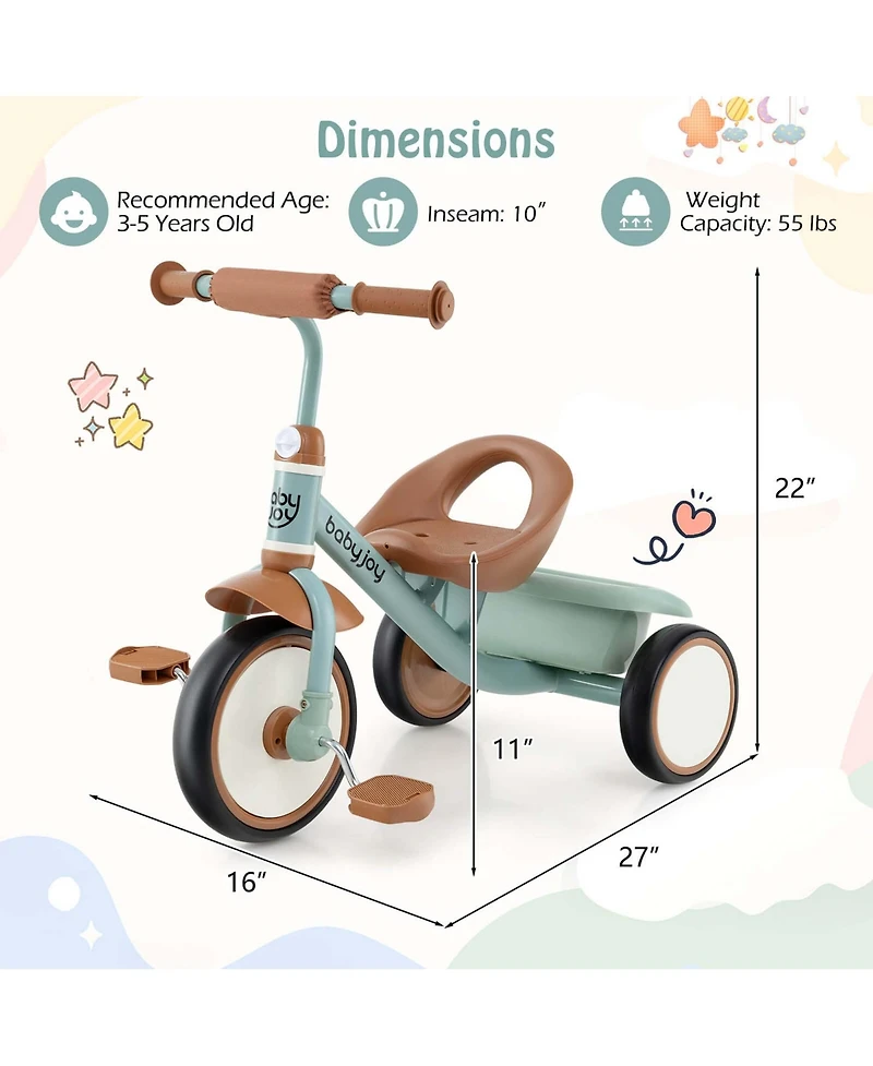 Kids Tricycle Toddler Trike with Adjustable Seat & Storage Basket 3 Wheel Bike