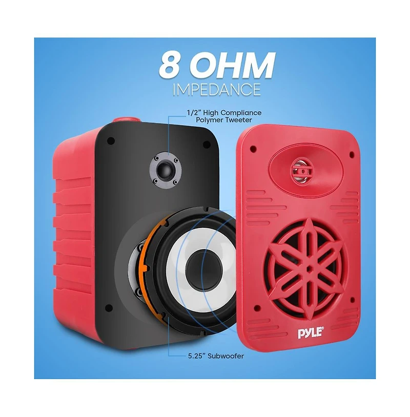 Pyle 5.25” 2-Way Indoor/Outdoor Speaker System - Waterproof with 1/2” High Compliance Polymer Tweeter, Red