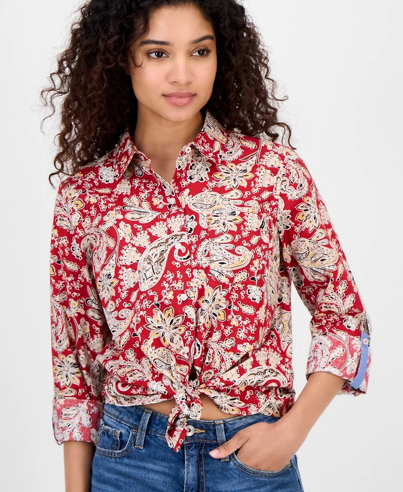Nautica Jeans Women's Cotton Paisley-Print Roll-Tab Shirt
