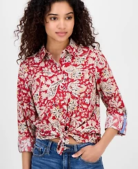 Nautica Jeans Women's Cotton Paisley-Print Roll-Tab Shirt