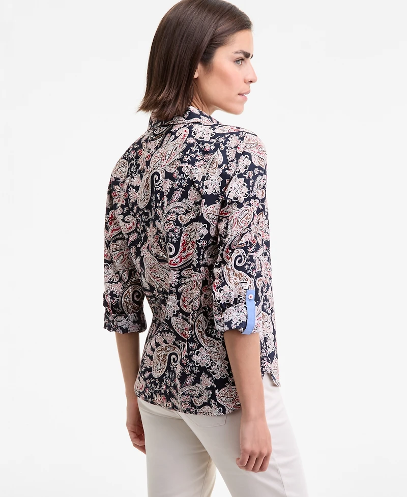Nautica Jeans Women's Cotton Paisley-Print Roll-Tab Shirt