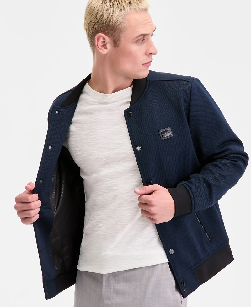 Karl Lagerfeld Men's Textured Varsity Zip Bomber Jacket