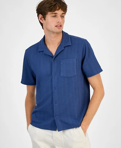 Sun + Stone Men's Textured Chevron Knit Short Sleeve Button-Front Camp Shirt, Created for Macy's