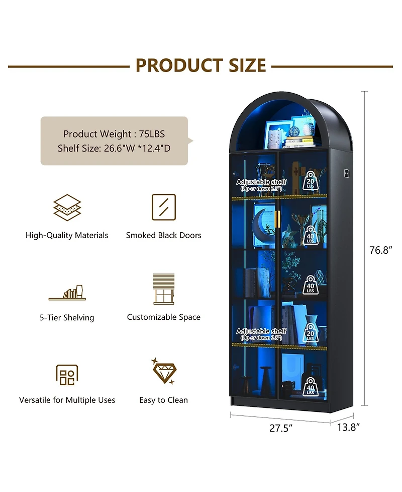 Vlsrka 76" Arch Display Cabinet, 3-Color Lights, 6 Shelves
