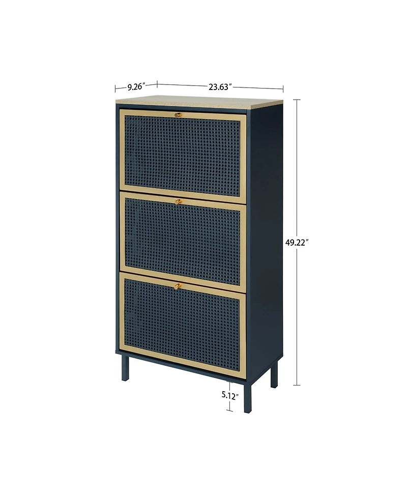 Freestanding Modern Shoe Storage Cabinet 3 Metal Rattan Door Shoe Rack Shoe Cabinet with 3 Flip Drawers for Entryway Living Room, Blue