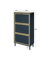 Freestanding Modern Shoe Storage Cabinet 3 Metal Rattan Door Shoe Rack Shoe Cabinet with 3 Flip Drawers for Entryway Living Room, Blue