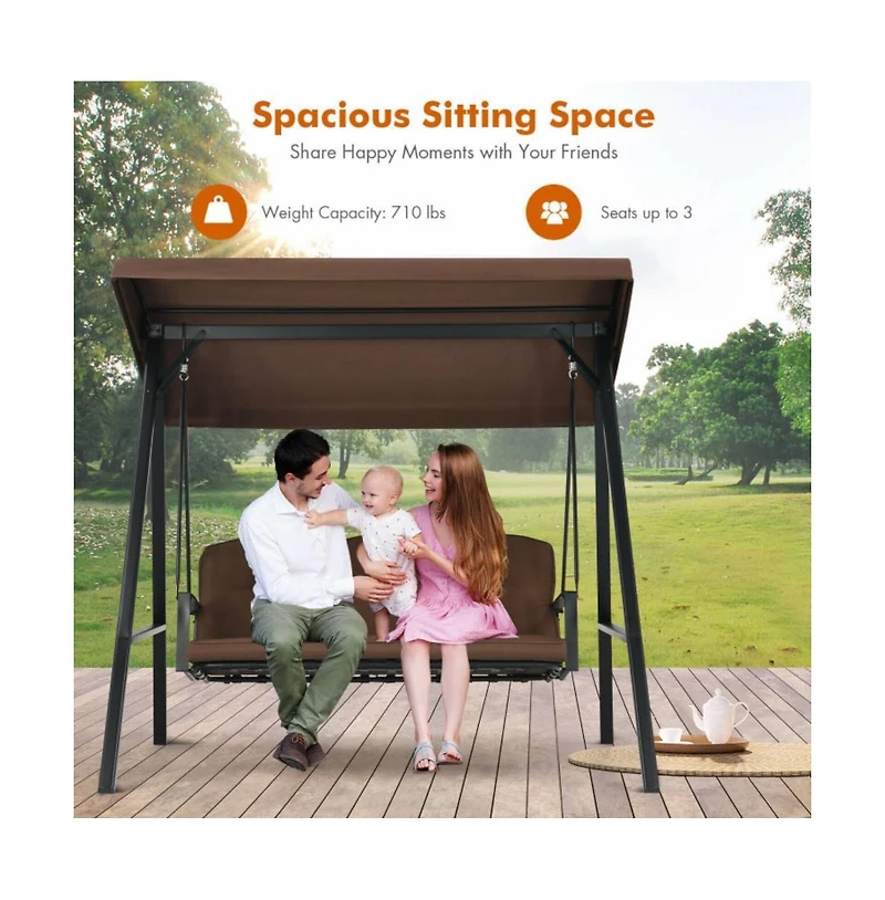 Outdoor 3-Seat Porch Swing with Adjust Canopy and Cushions