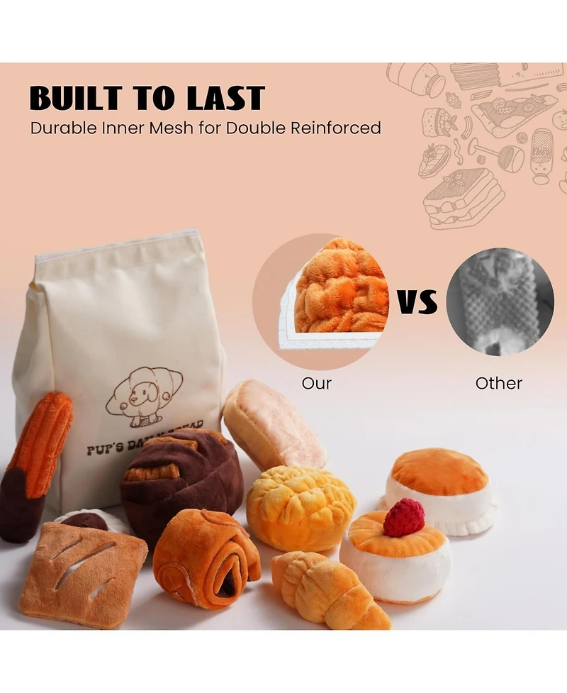 Nocciola 10 Pcs Bread Dog Toy Set with a Grocery Bag,Christmas gift, Crinkle Squeaky Plush Puppy Toys