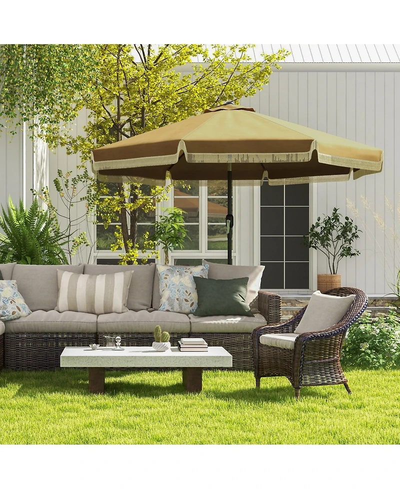 9ft Patio Umbrella with Push Button Tilt and Crank, Ruffled Outdoor Market Table Umbrella with Tassles and 8 Ribs