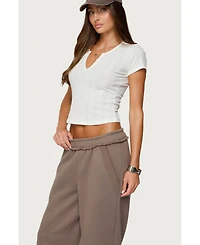 Edikted Women's Semi Sheer Ribbed V Neck T Shirt