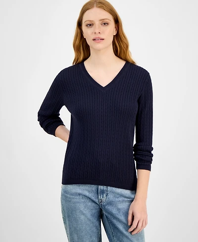 Nautica Jeans Women's V-neck Cable Knit Sweater, Online Only