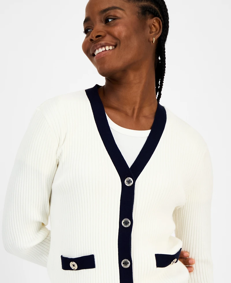 Tommy Hilfiger Women's Contrast Trim V-Neck Button-Front Cardigan