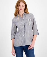 Tommy Hilfiger Women's Shine-Stripe Roll-Tab Shirt