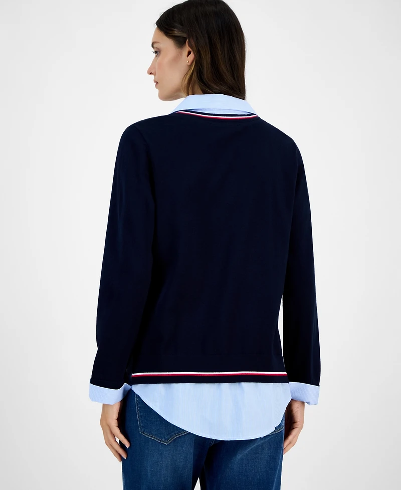 Tommy Hilfiger Women's Cotton Twofer V-Neck Long-Sleeve Sweater