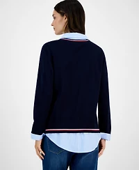 Tommy Hilfiger Women's Cotton Twofer V-Neck Long-Sleeve Sweater