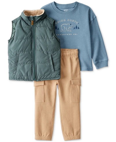 Carter's Toddler Boys Puffer Vest, Going North Graphic T-Shirt & Cargo Pants, 3 Piece Set