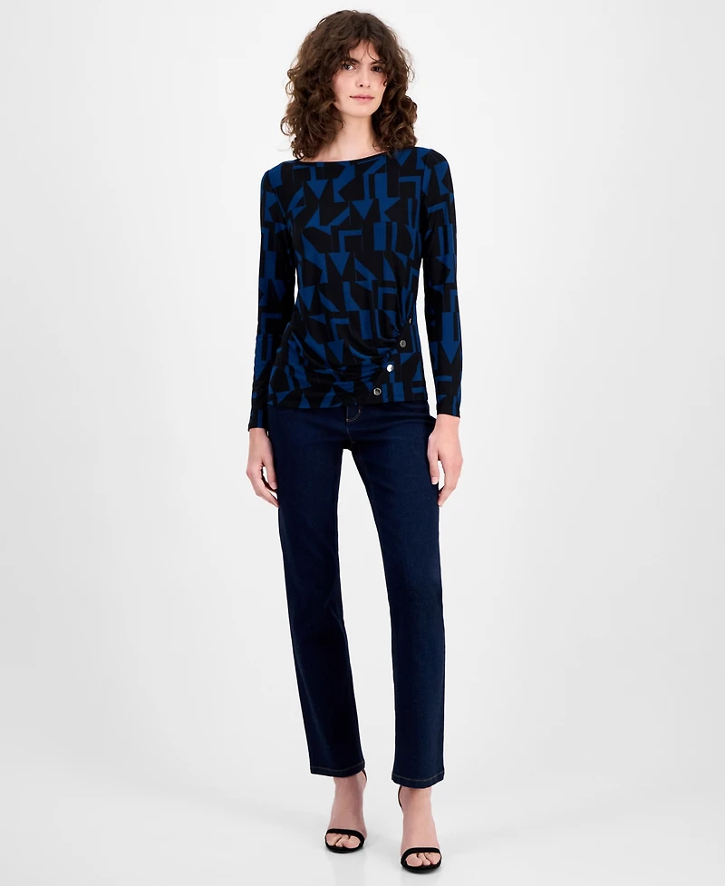 Ak Anne Klein Women's Geo-Print Button-Trim Top