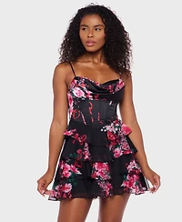 Alex & Sophia Juniors' Tiered Satin Skirt Corset Draped Neck Dress