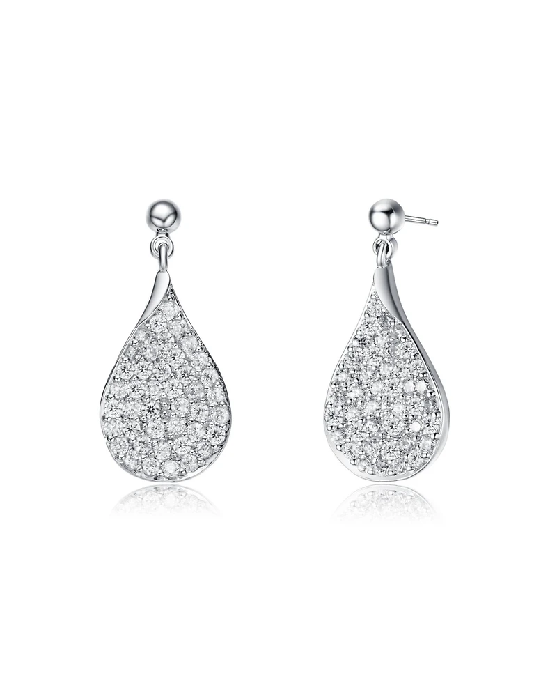 Rachel Glauber White Gold Plating with French Pave Clear Cubic Zirconia Raindrop Pear Dangle Earrings
