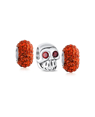 Bling Jewelry Set of 3 Halloween Red Eyes Skeleton Pirate Skull & Solid Bright Orange Spacer Charm Bead Sterling Silver