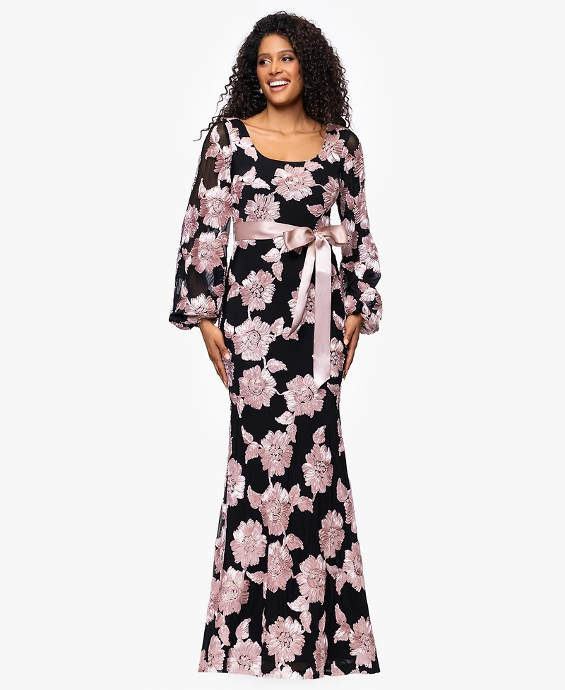 Betsy & Adam Women's Soutache Long-Sleeve Long Sheath Dress
