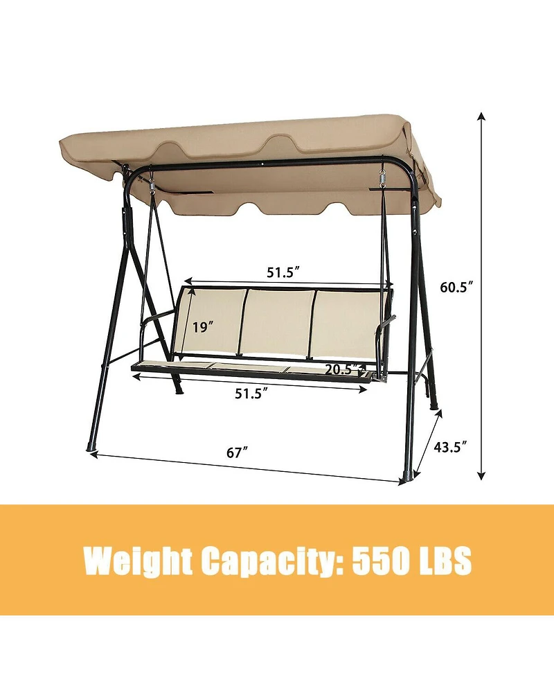 Gymax Brown Outdoor Swing Canopy Patio Swing Chair 3 Person Canopy Hammock