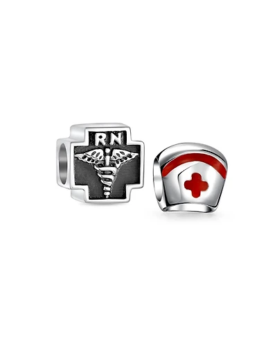 Bling Jewelry Set of 2 Nursing Rn Caduceus Cross & Nurse Hat Charm Bead Sterling Silver