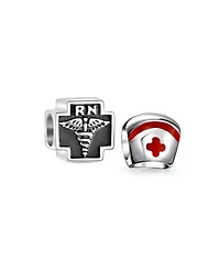 Bling Jewelry Set of 2 Nursing Rn Caduceus Cross & Nurse Hat Charm Bead Sterling Silver