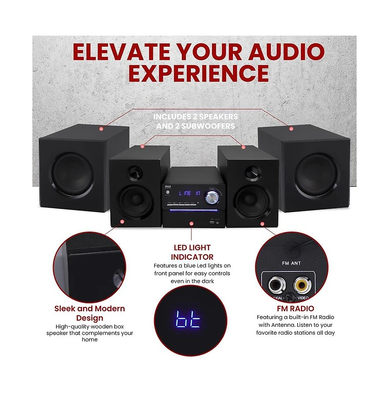 Pyle 3-Piece Wireless Bt Streaming Stereo System – MP3, Usb, Fm Radio, Bass Reflex Speaker, Remote & 2 Wireless Microphones (Black)