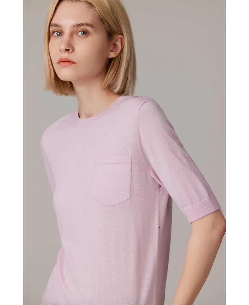 Jennie Liu Women's Tissue Weight 75% Merino Wool 25% Silk Crew Neck Short Sleeve T Shirt Sweater | Ultra Soft Machine-Washable Sweaters