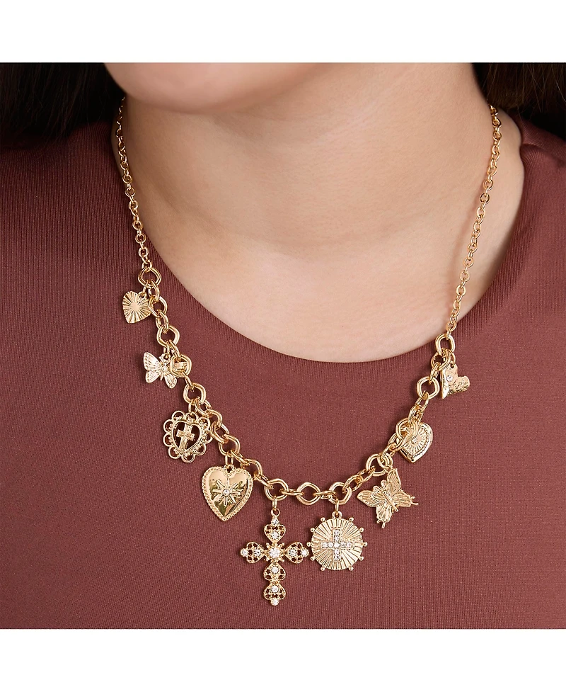 Jessica Simpson Gold-Tone Textured Cross & Heart Charm Necklace