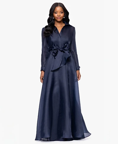 Betsy & Adam Petite Long-Sleeve Collared Organza Dress