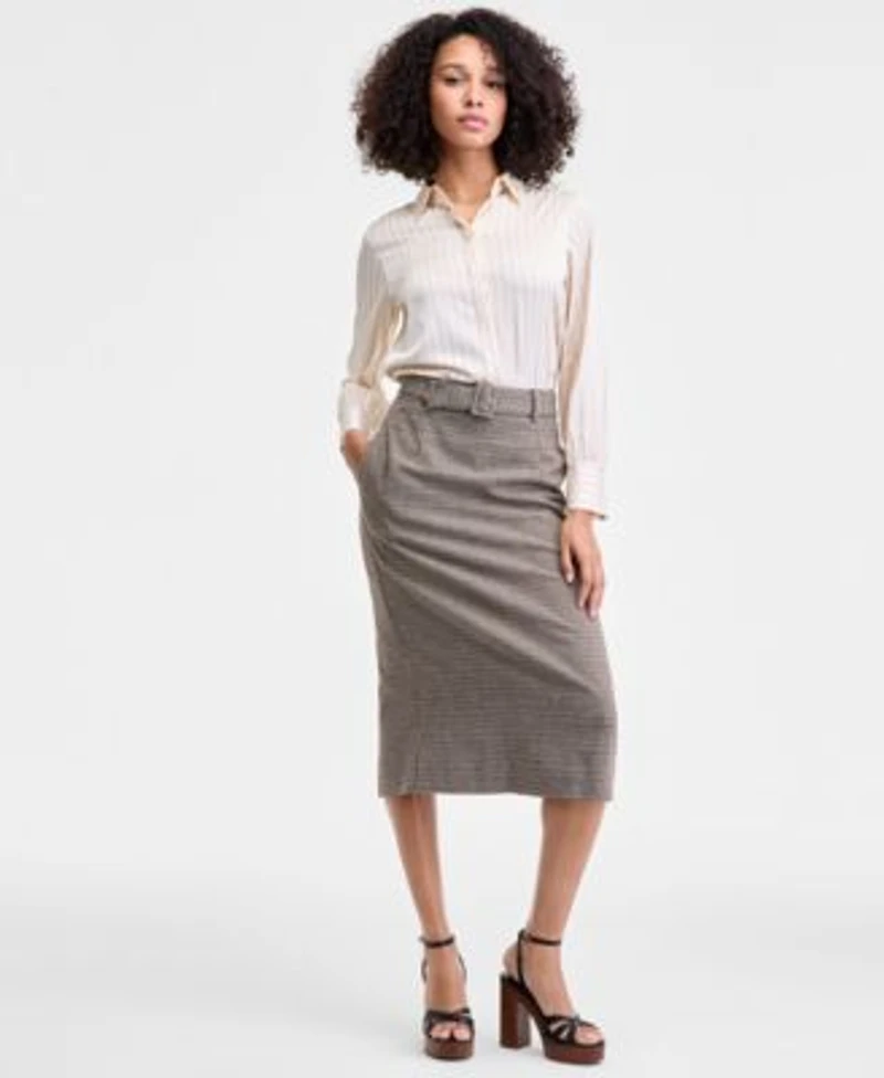 French Connection Womens Satin Pinstripe Blouse Houndstooth Belted Midi Skirt