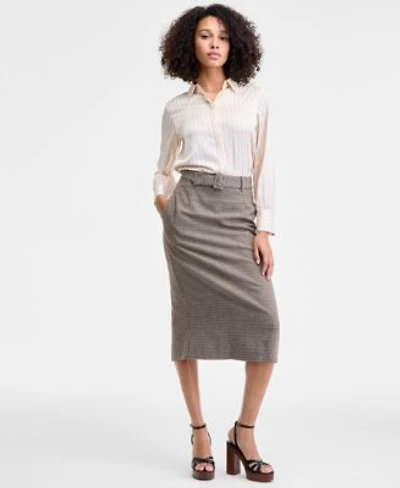 French Connection Womens Satin Pinstripe Blouse Houndstooth Belted Midi Skirt