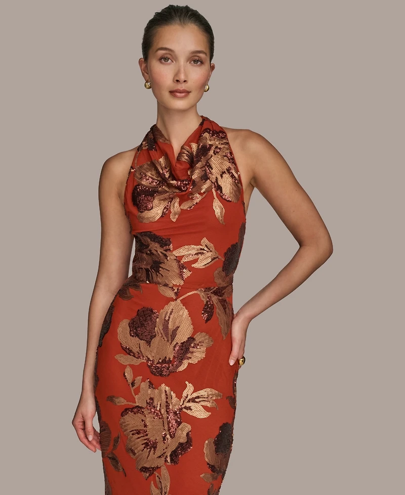 Donna Karan New York Women's Floral Sequined Sleeveless Cowlneck Gown